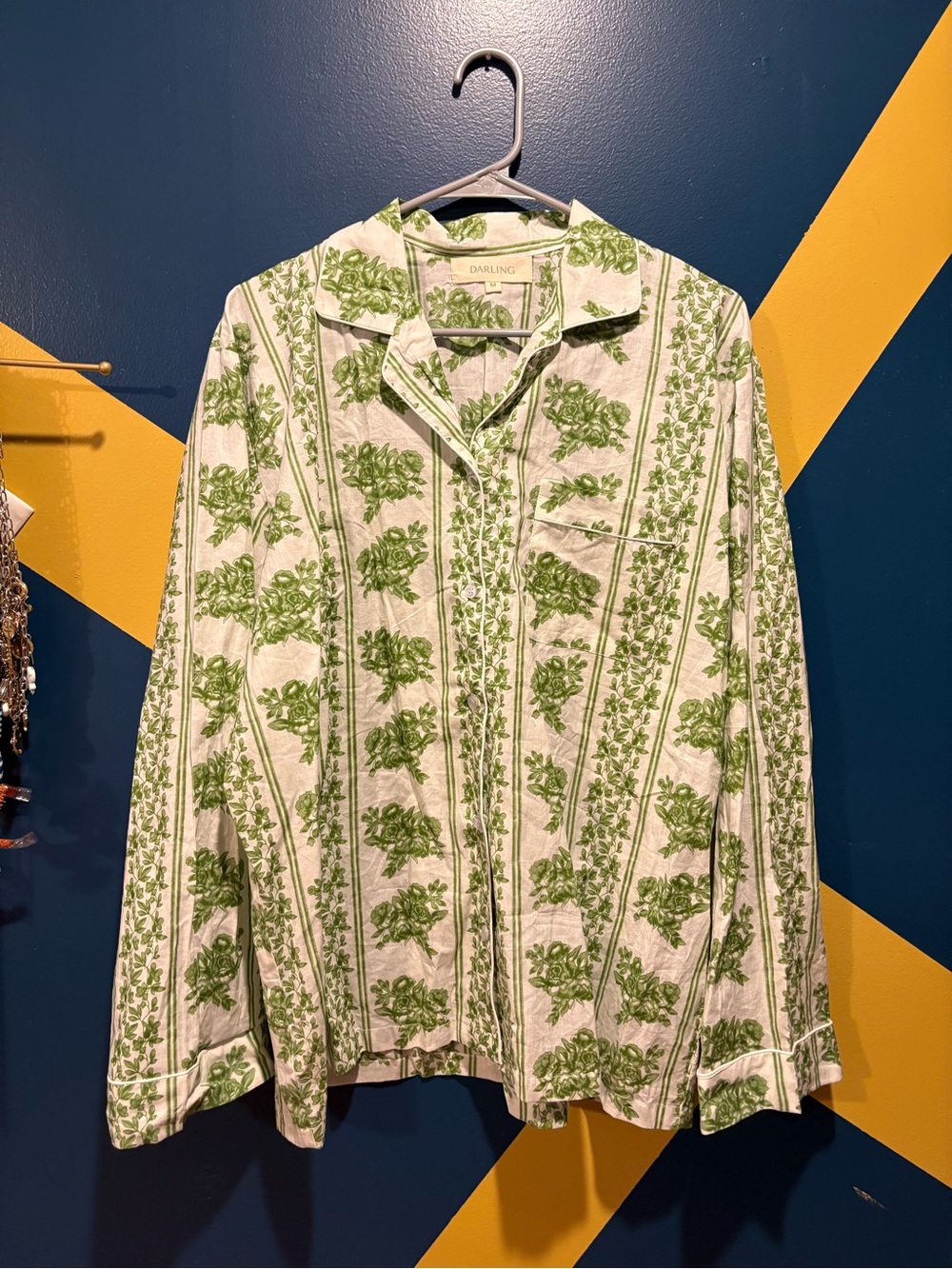 Darling Cream & Green Floral Long Sleeve Cotton Resort Top NWOT